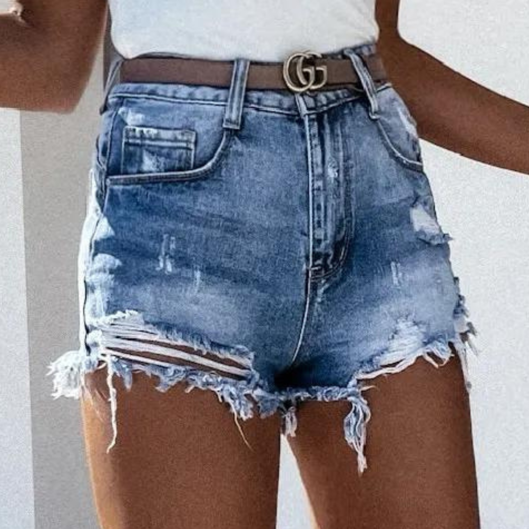 Denis - Hoge Taille Ripped Denim Shorts met Geweven Franje voor Zomeravonturen