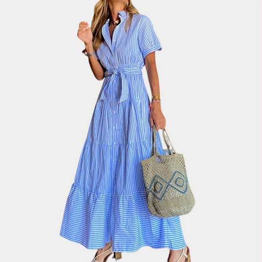 Irina - Zomerse gestreepte dames maxi-jurk met ceintuur