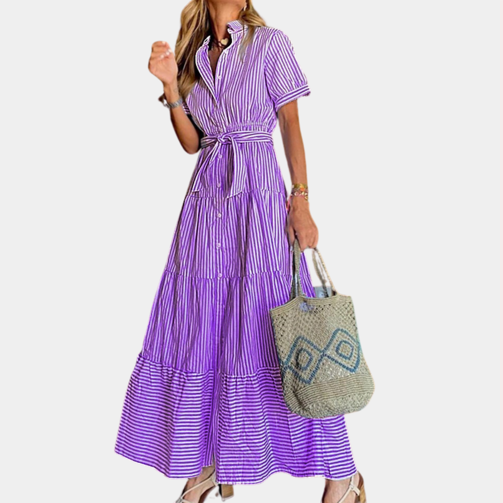 Irina - Zomerse gestreepte dames maxi-jurk met ceintuur