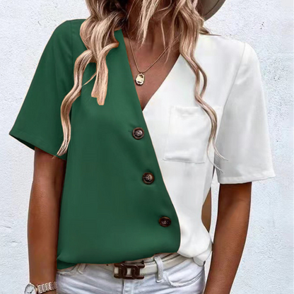 Lara - Luchtige damesblouse met chique V-hals, knoopdetail en zomerse tweekleurige elegantie