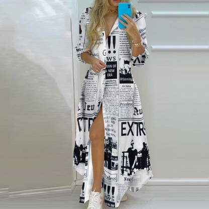 Antonia - Luxe Zomerjurk met Artistieke Kranten Print