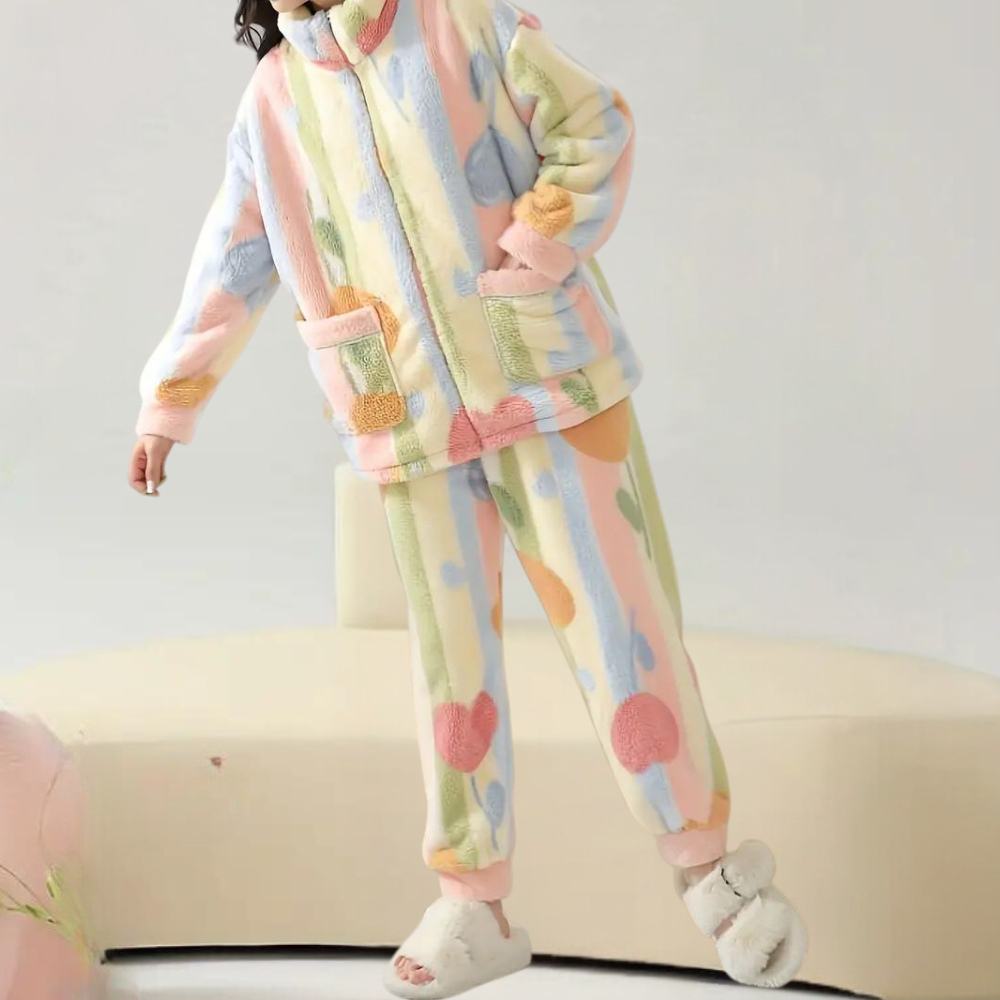 Romhilda - Zachte en kleurrijke pluche pyjamaset voor dames - Perfect voor de lente en zomeravonden