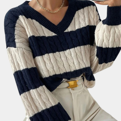 Yamina - Dames Elegante V-Hals Gestreepte Zomerse Trui