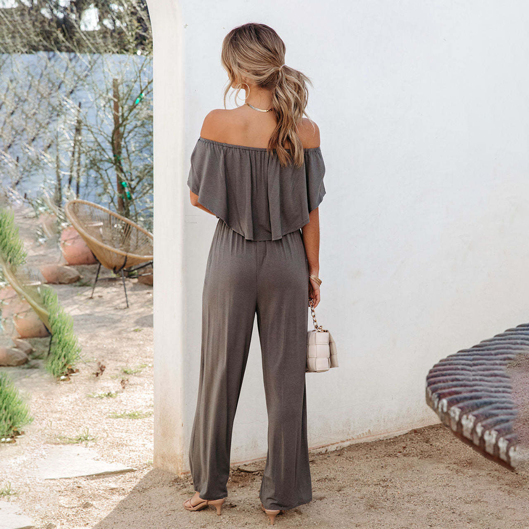 EMMALYN - Geruffeld off-shoulder zomerse jumpsuit