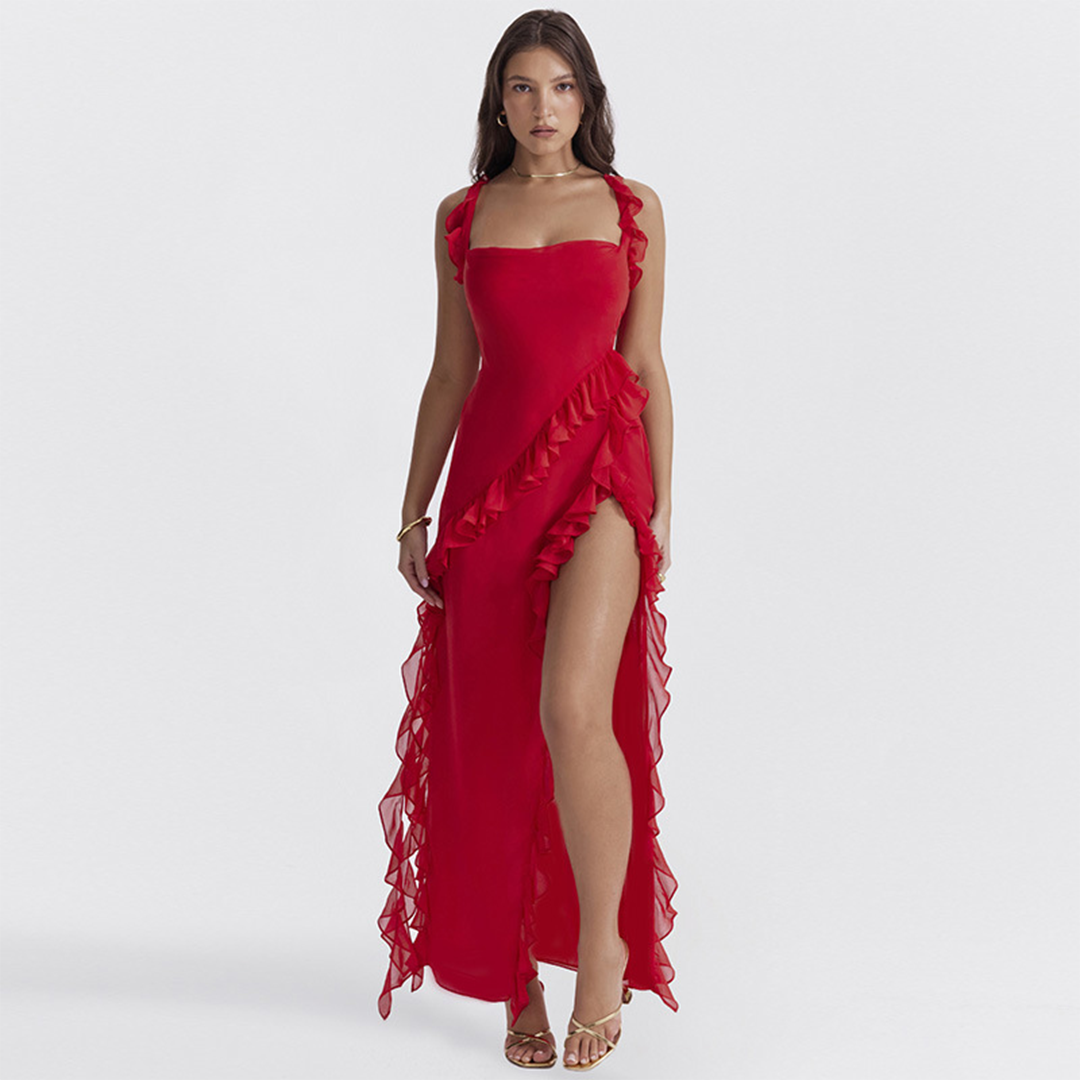 ROMINA - Luchtige geruffelde maxi-jurk met split voor de zomer